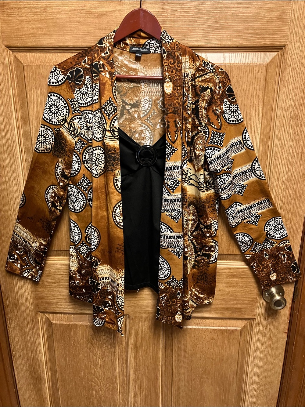 Notations Gold and Black Printed Open-Front Blouse